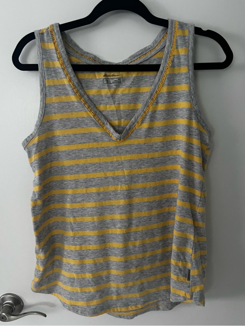 Eddie‎ Bauer Gray and Yellow Striped Crocheted V-Neck Tank